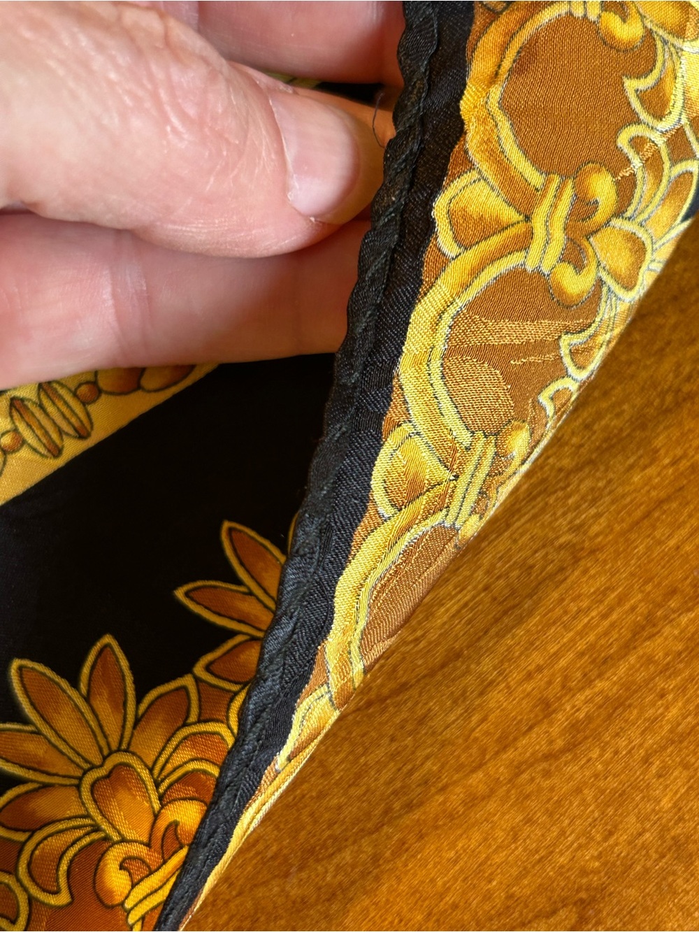 Vintage Italian Silk Scarf Black Gold Baroque Scroll Print Square 33x33 - Picture 5 of 9